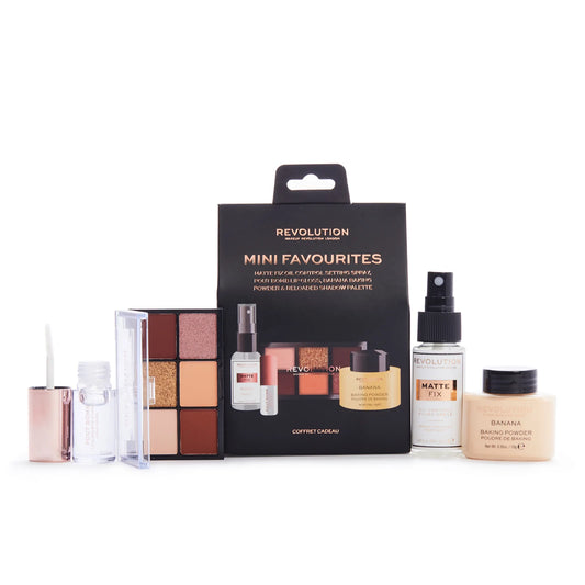 Revolution Mini Favourites gift set – mini eyeshadow palette, Banana Baking Powder, Matte Fix setting spray and Pout Bomb lip gloss.