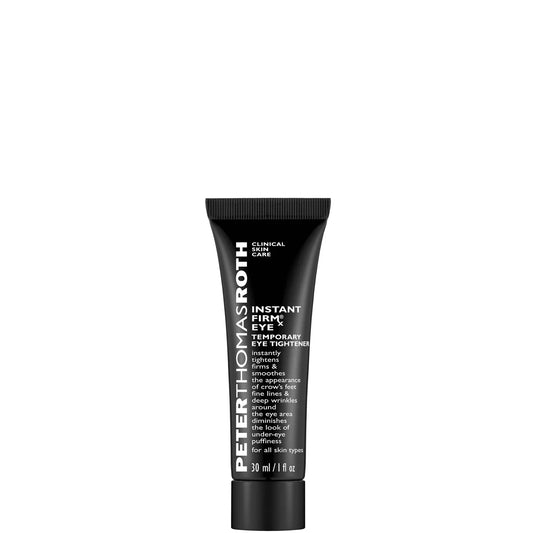 Peter Thomas Roth Instant FirmX Eye 30ml, sleek silver tube with black cap and bold branding, designed to visibly tighten, firm, and smooth the under-eye area instantly