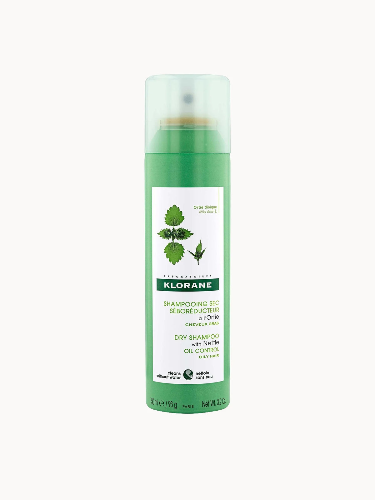 Klorane Dry Shampoo with Nettle 150ml, aerosol can in green with white nettle leaf graphic