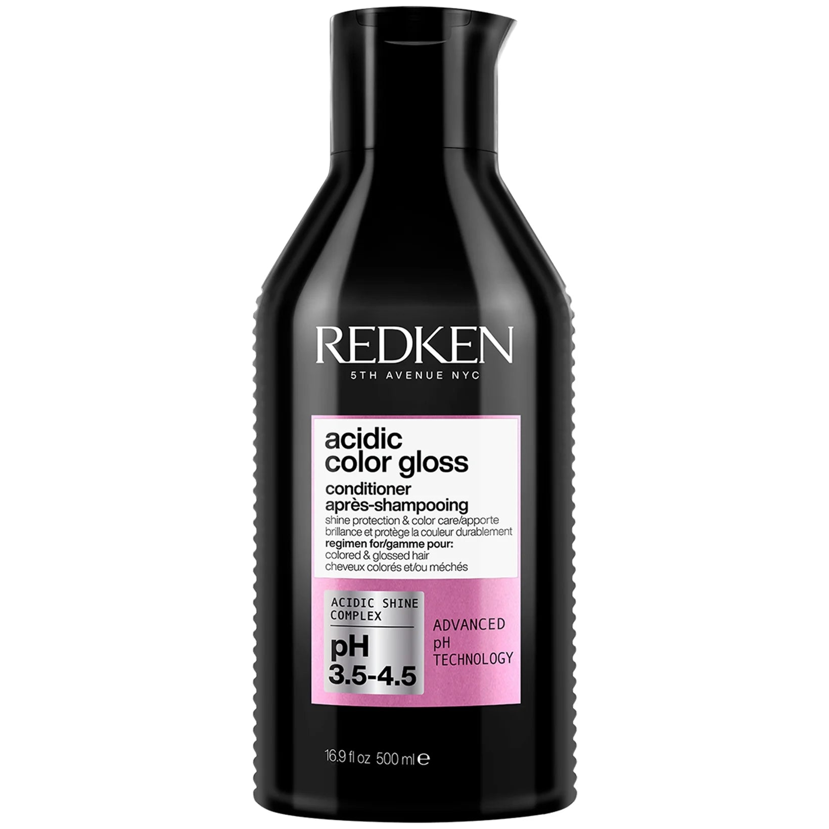 Supersize 500ml Redken Acidic Color Gloss conditioner bottle, tall salon-style pack with front text highlighting colour protection and glass-like shine.