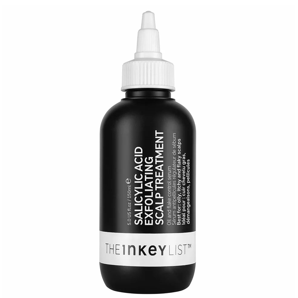 The INKEY List Salicylic Acid Exfoliating Scalp Treatment 150 ml – tall blac kbottle featuring leave-in formula formulated to exfoliate, clarify, and soothe an oily, flaky scalp.