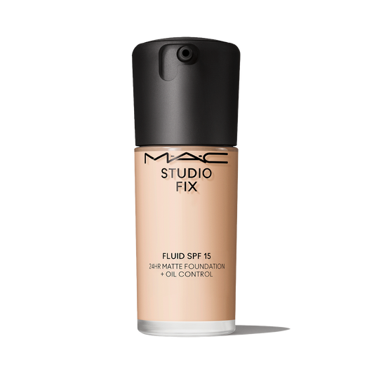 MAC Cosmetics Studio Fix Fluid SPF15 24HR Matte Foundation 30ml - NC10, glass foundation bottle with a black cap and black MAC label on a plain white background