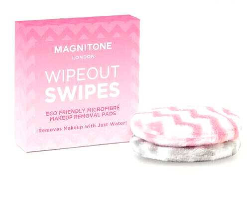 MAGNITONE London WipeOut Swipes Eco Friendly Cleansing Pads (2 Pack), two soft microfibre pads in pink and grey with MAGNITONE branding tag