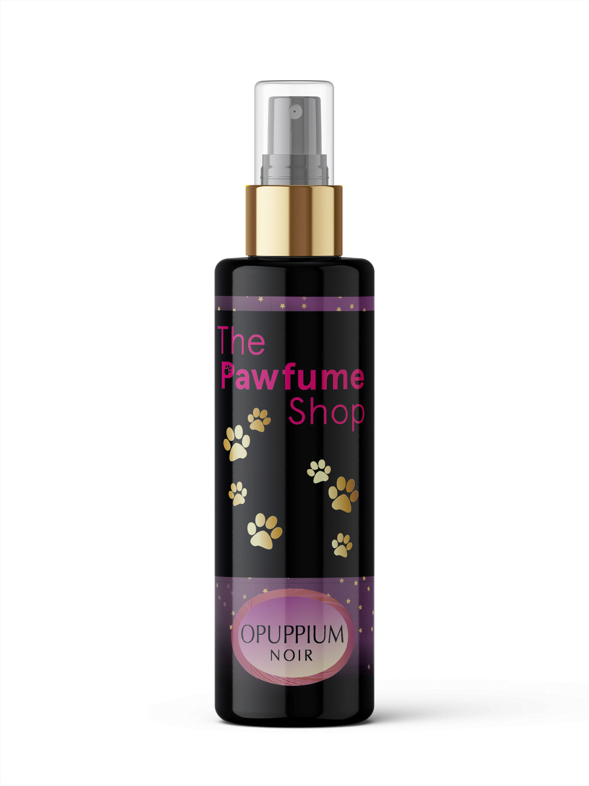 The Pawfume Shop Opuppium Noir 100ml , small spray bottle with playful black-and-gold Pawfume Shop label parodying a luxury perfume design