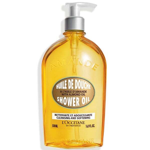 L'Occitane Almond (Amande) Shower Oil 500ml, large clear bottle of golden shower oil