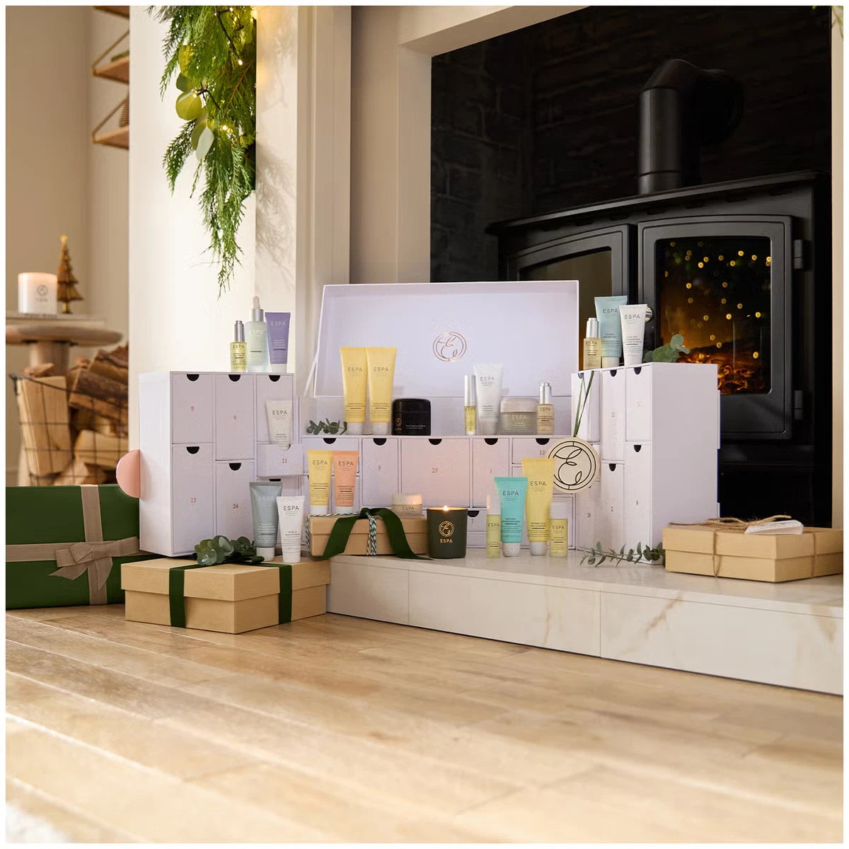 ESPA Wellbeing Advent Calendar Box with Inserts Beautiful Big Box, large decorative box with numbered doors and ESPA Wellbeing branding