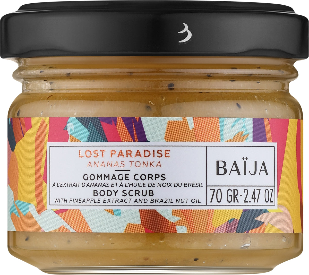 Baïja Lost Paradise Body Scrub 70g - Ananas Tonka , pink glass jar with a white screw lid and tropical fruit graphics