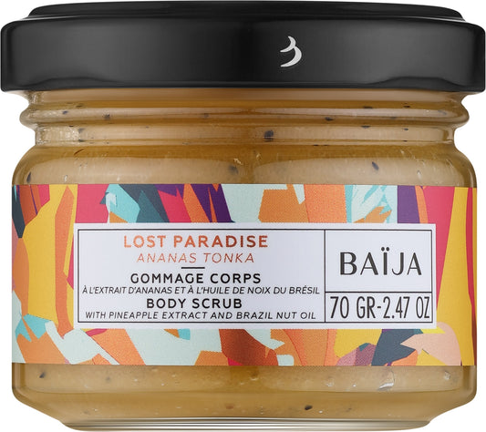 Baïja Lost Paradise Body Scrub 70g - Ananas Tonka , pink glass jar with a white screw lid and tropical fruit graphics