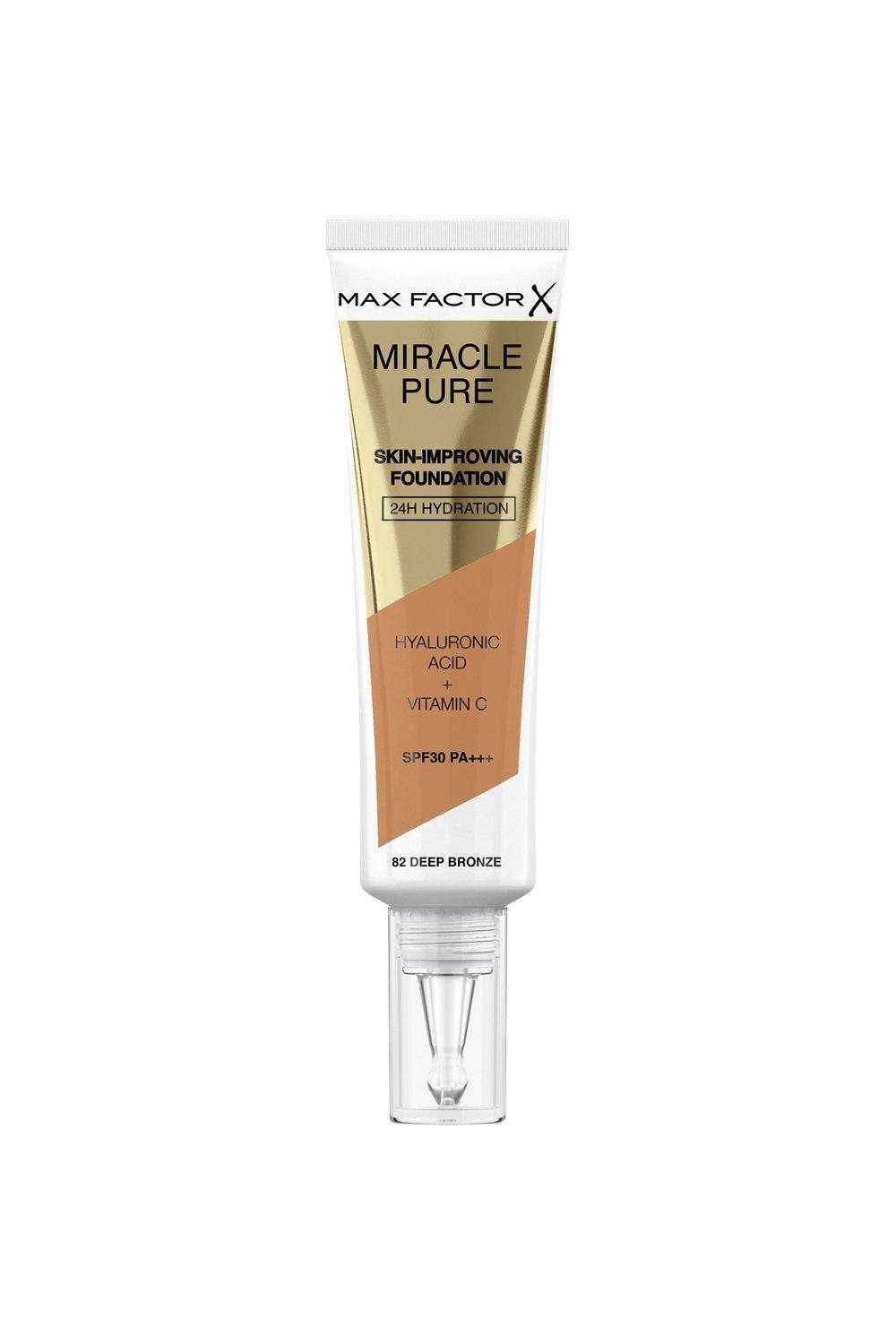Max Factor Miracle Pure Skin Improving Foundation - 82 Deep Bronze, glass dropper bottle with black cap