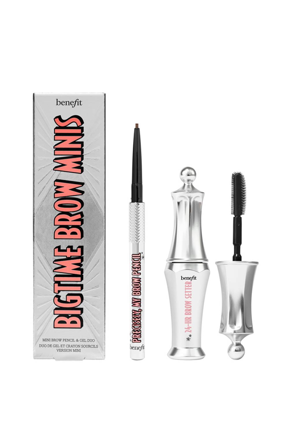 Benefit Bigtime Brow Minis Precisely My Brow & Setting Brow Gel - 3.5 Neutral Medium Brown, slim mini brow pencil and clear mini brow gel tube in a Benefit duo