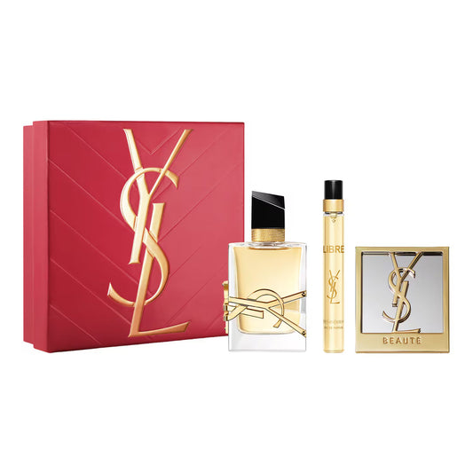 Yves Saint Laurent Libre EDP 50ml Spring Set 50ml + 10ml, black lacquered Libre perfume bottle with gold YSL logo, beside a smaller matching travel spray in a presentation box